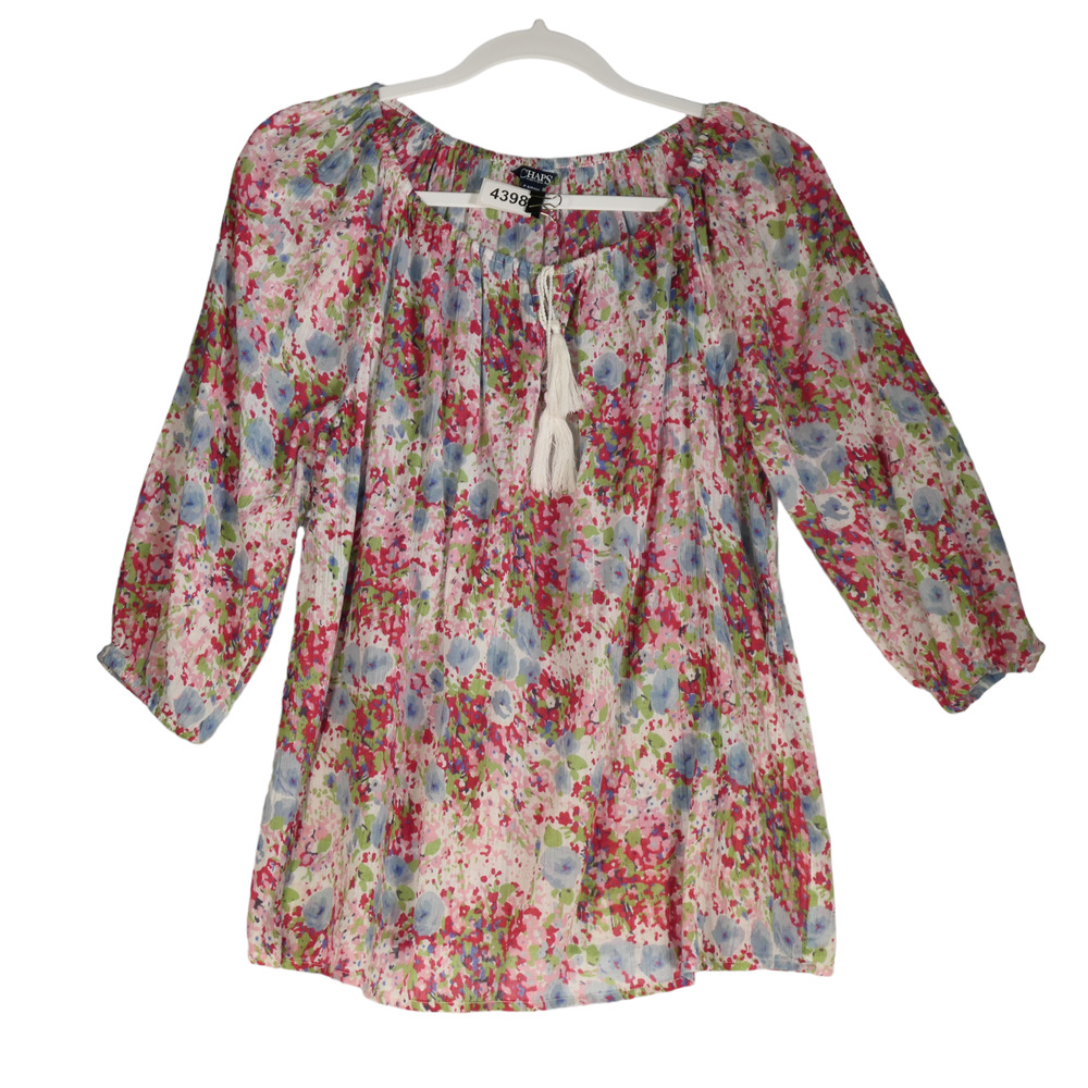 Chaps Blouse Womens Size Petite S PS Pink Floral Tassels Lightweight Sheer Top